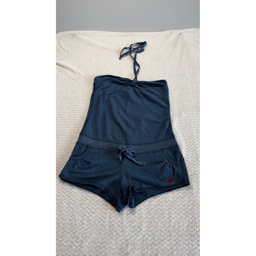 Vintage Hollister Navy Blue Halter Neck Sweatshirt Romper Medium Pockets Logo